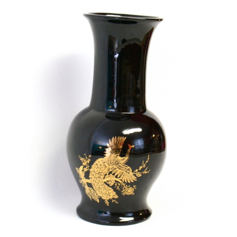 Vintage Black Ceramic Vase with Gold Peacock